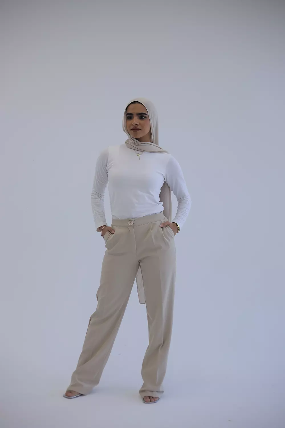 Beige classic pant with button waist 1