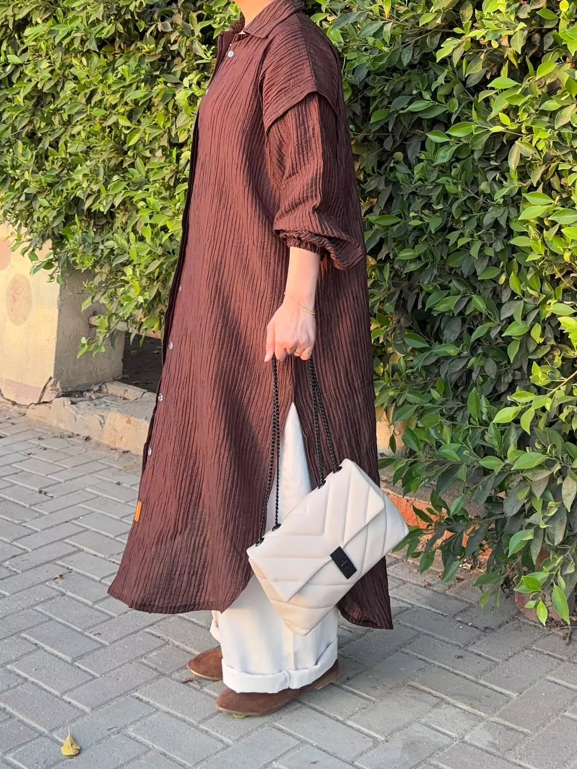 Crinkle Cuffs Shirt Dress in Brown  1