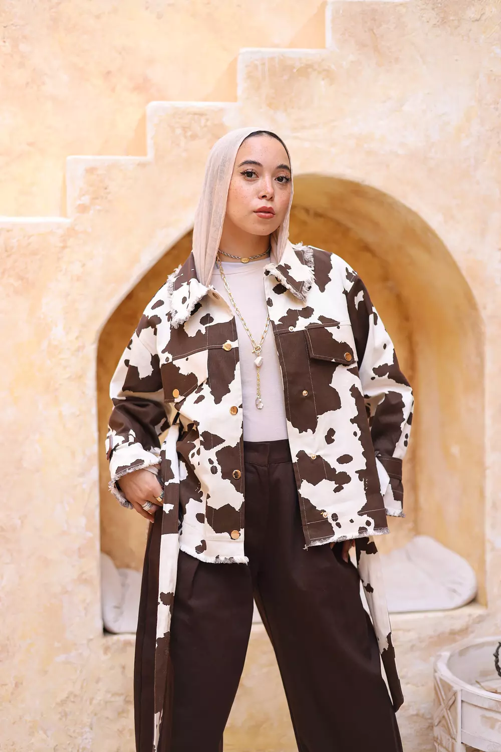COW PRINT BELTED JACKET 2