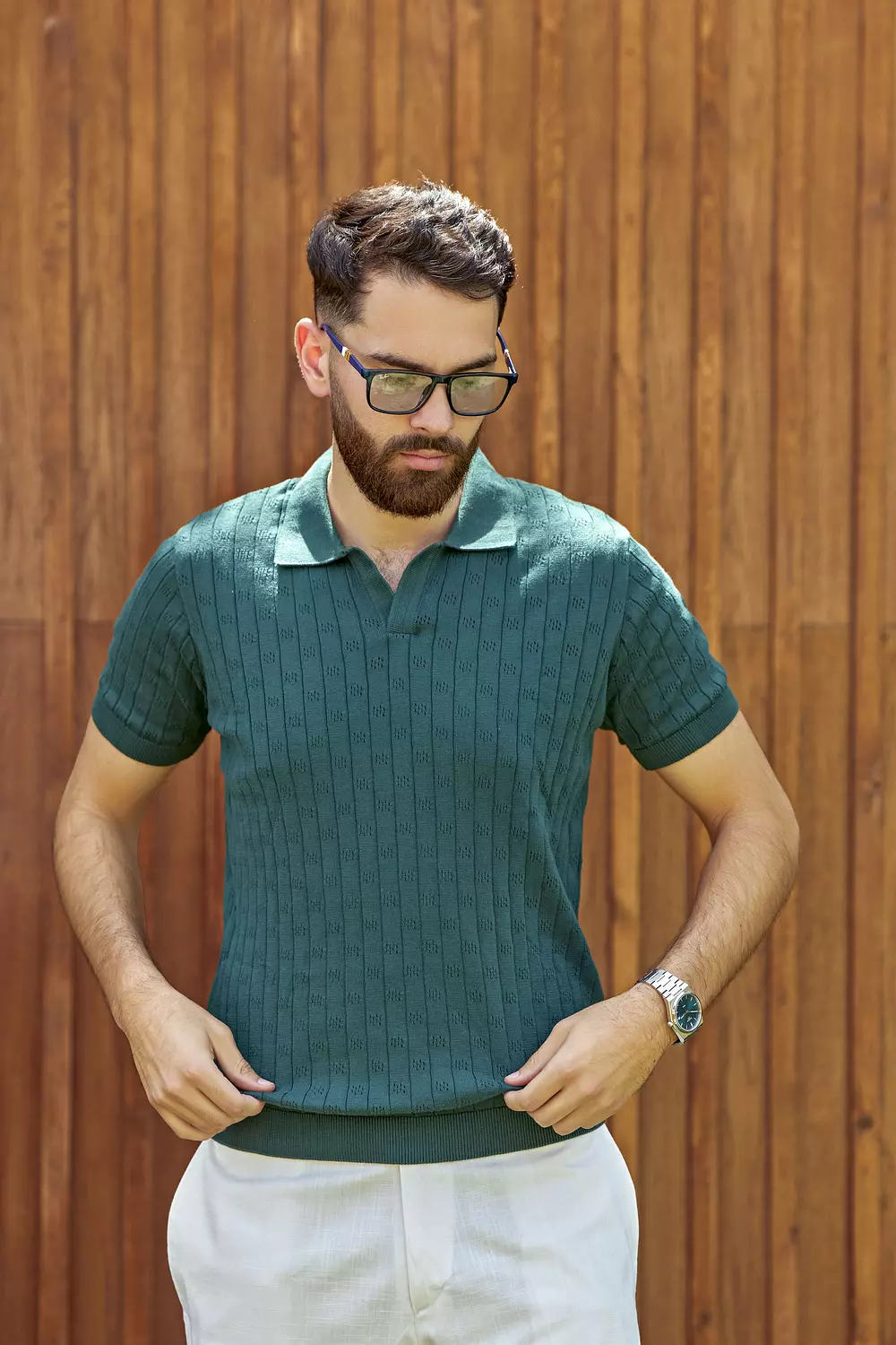 Men’s Forest Green Textured Knit Polo 1