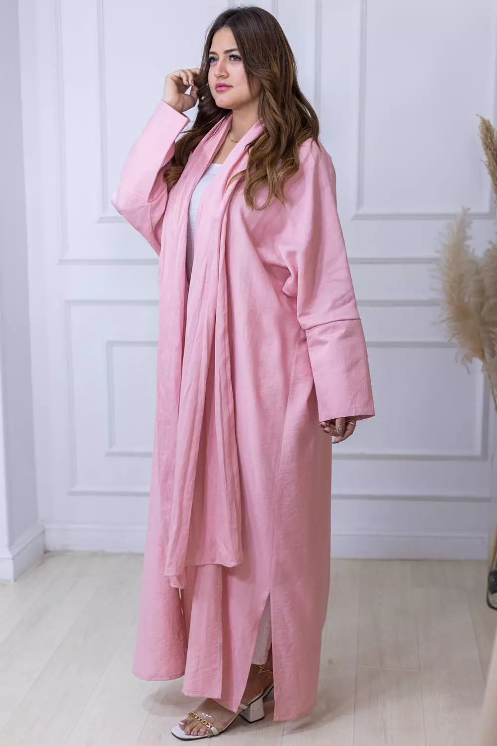 Linen Cardigan Robe With Attached Shawl - Pink 2