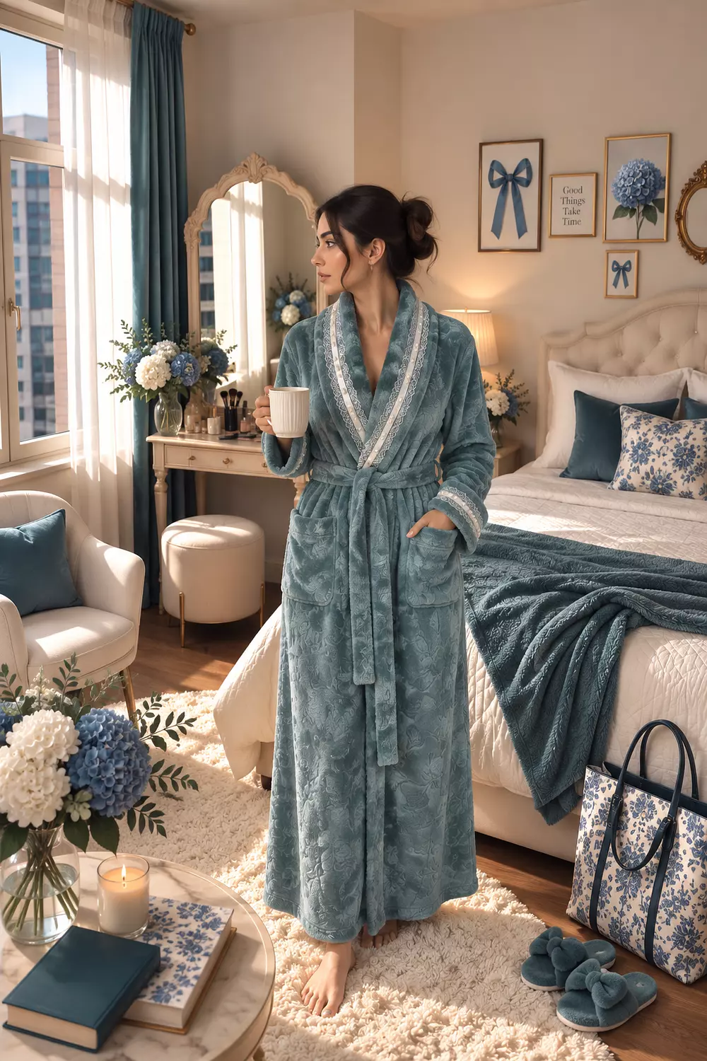 Frosted Petrol Embossed Lace Winter Robe image