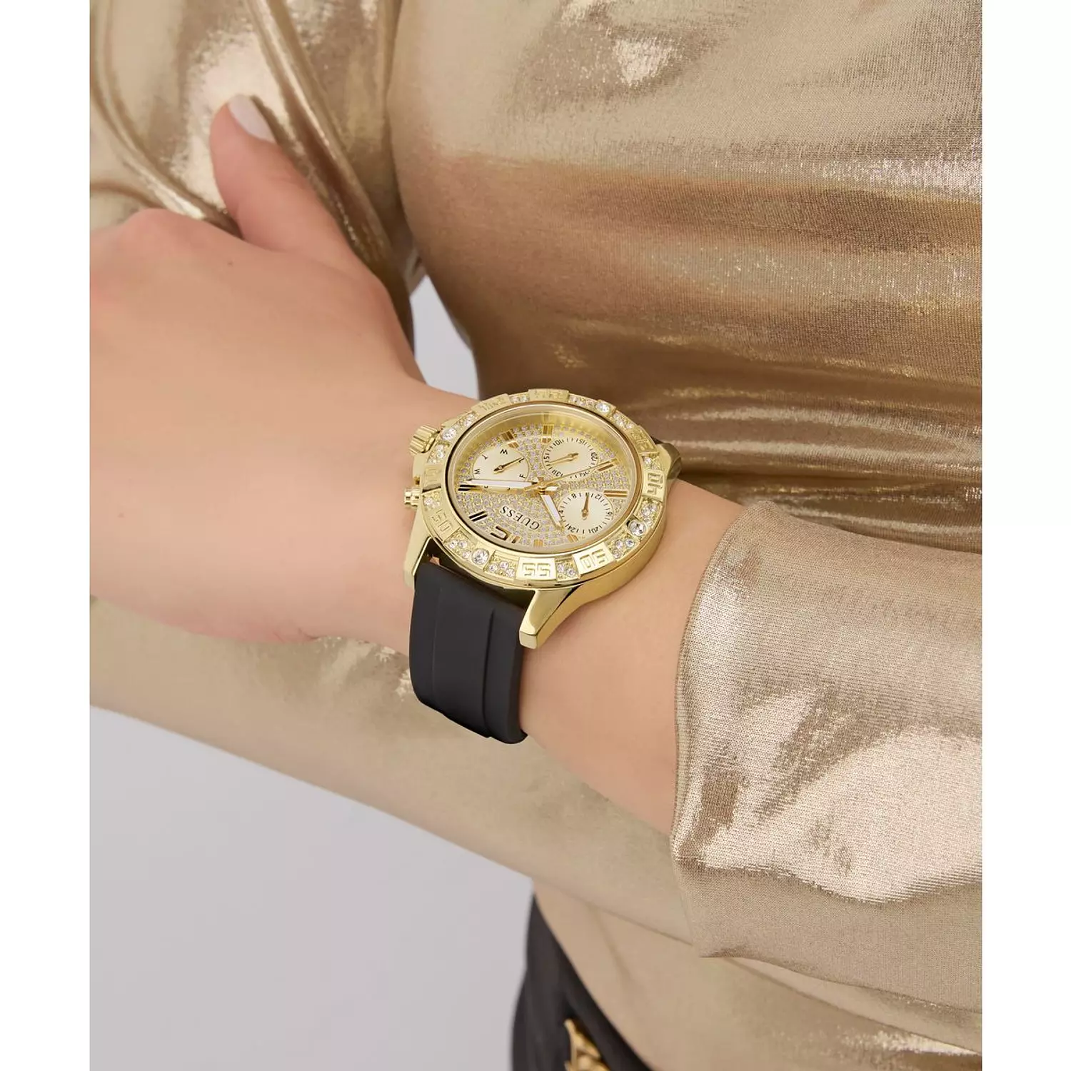 GUESS Ladies Black Gold Tone Multi-function Watch Black Silicone Strap GW0772L5 5