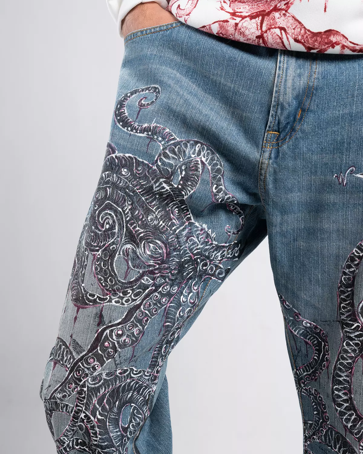 “Giant octopus “ 1of1 hand-printed &painted denim pants hover image