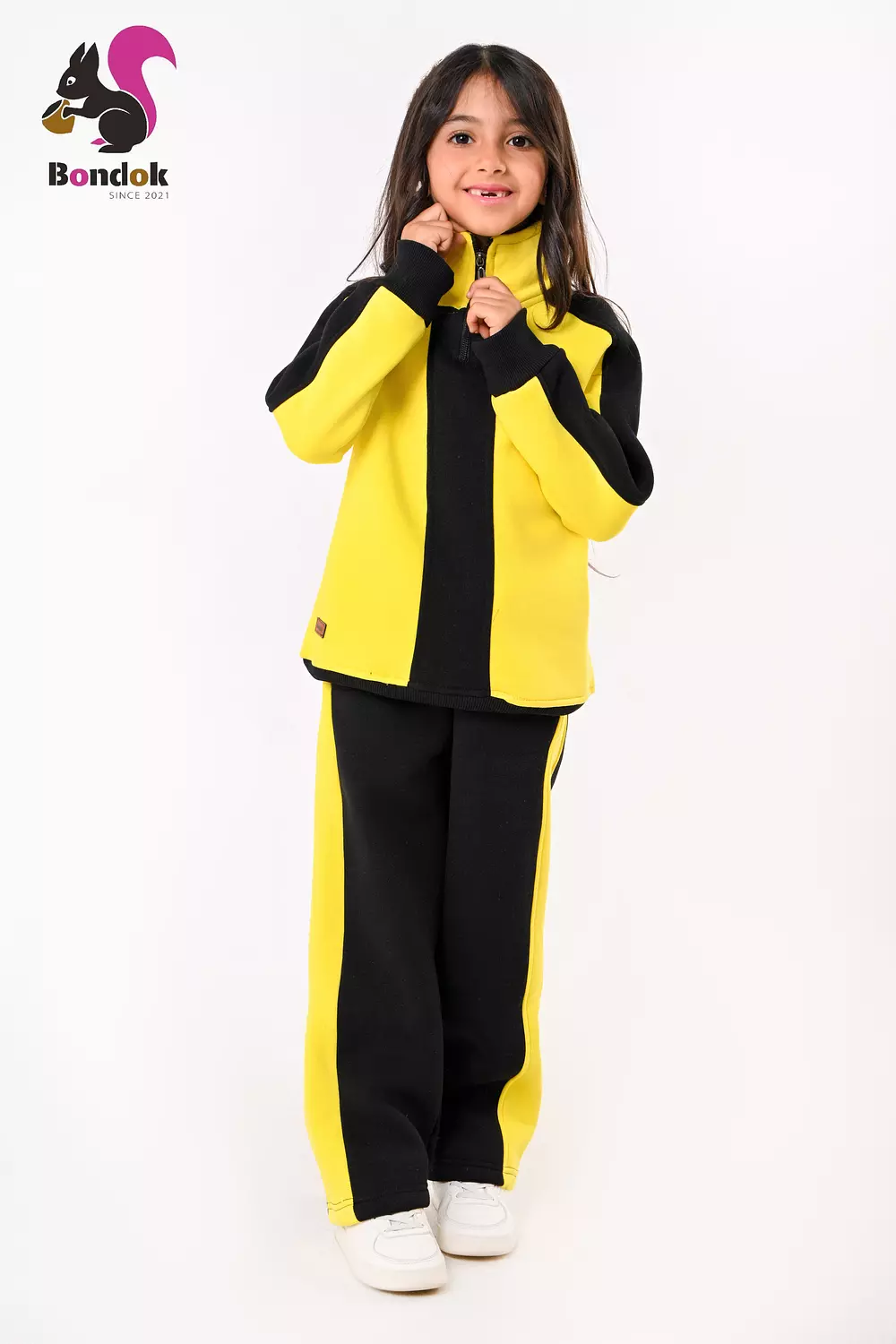 BONDOK Girls’ Winter Black-Strip Tracksuit – High-Neck Half-Zip Sweatshirt & Joggers Set  – Cozy Melton Fleece, Ages 4–14 image