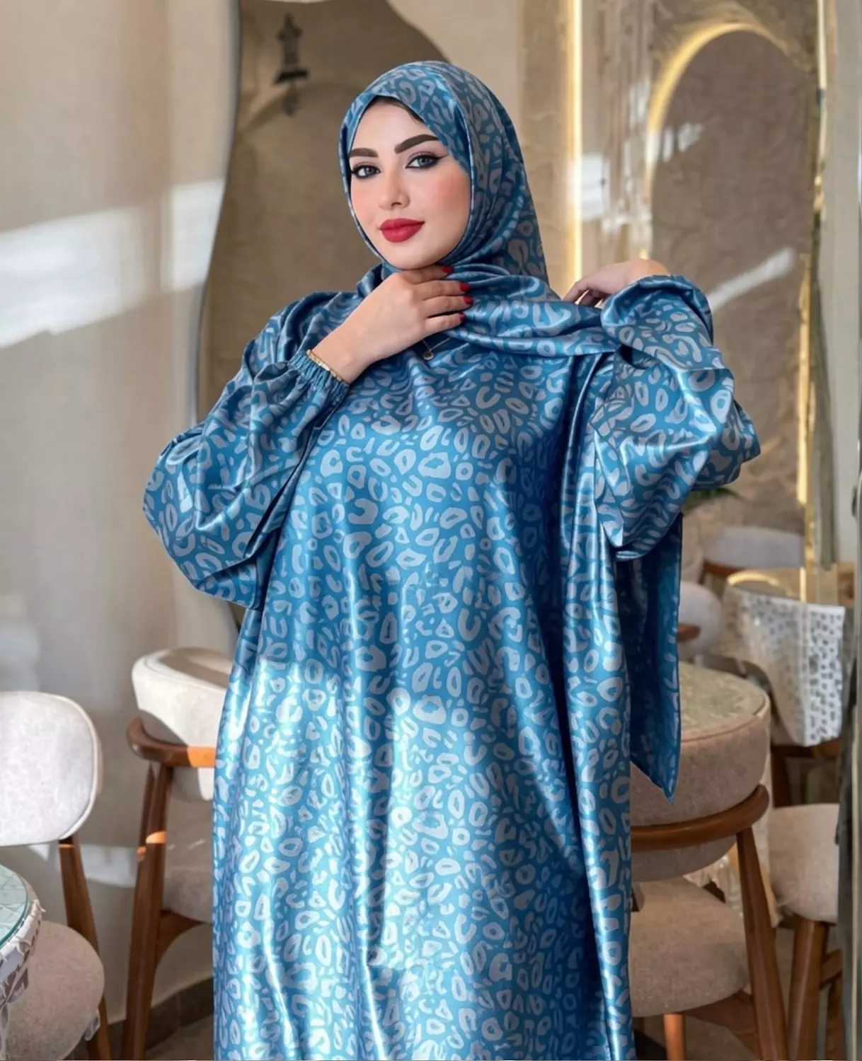 Print Satin Isdal with Attached Hijab 6