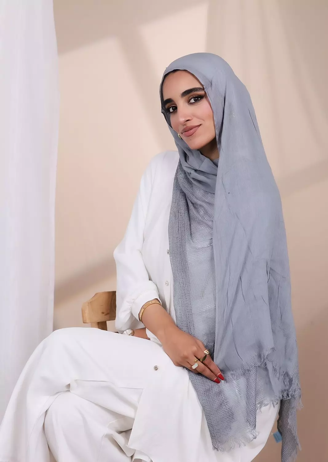 Sky Blue Half Netted Linen Scarf  image
