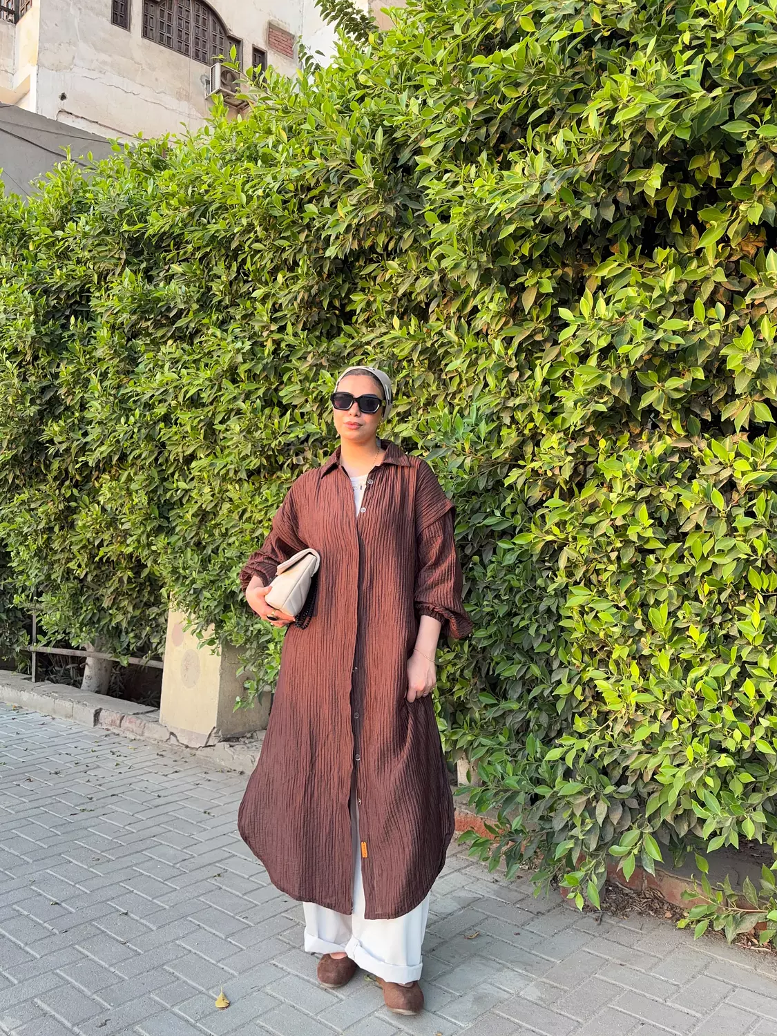 Crinkle Cuffs Shirt Dress in Brown  image