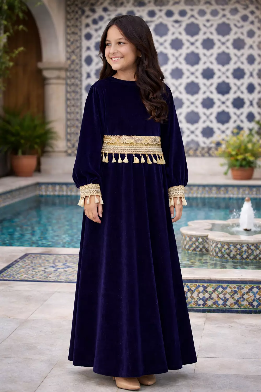 Girls Velvet Ramadan Dress with Separate Tassel Trim, Long Sleeve Islamic Abaya, Traditional Modest Maxi Dress for Kids 6