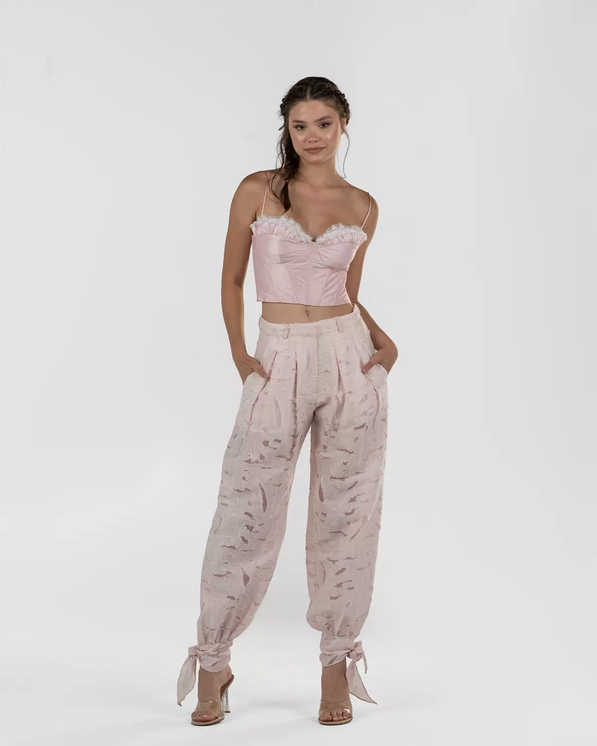Refined Pink Wide-Leg Gathered Pants hover image