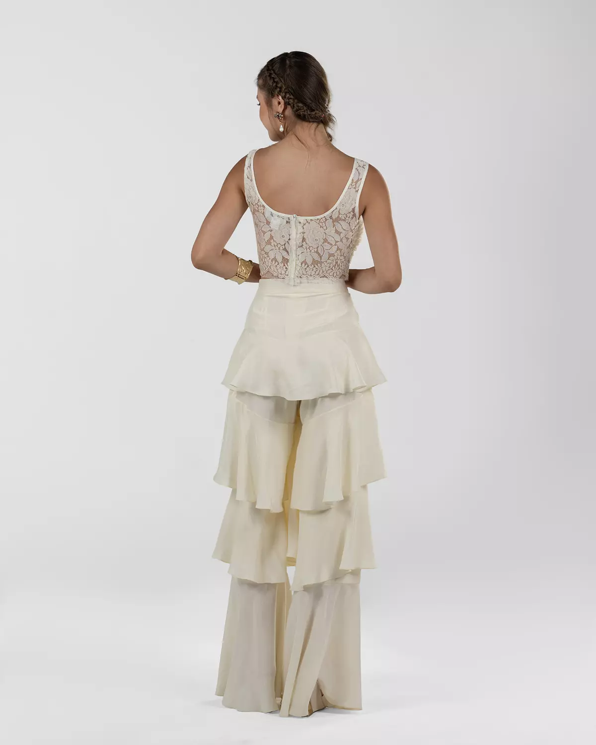 Chic Off-White Silk Ruffled Wide-Leg Pants 9