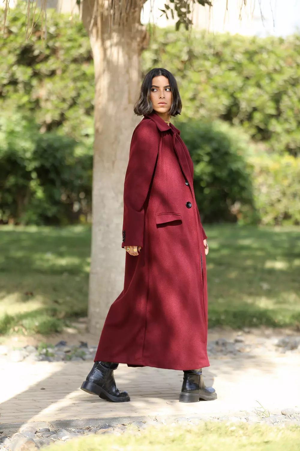 Burgundy long coat hover image