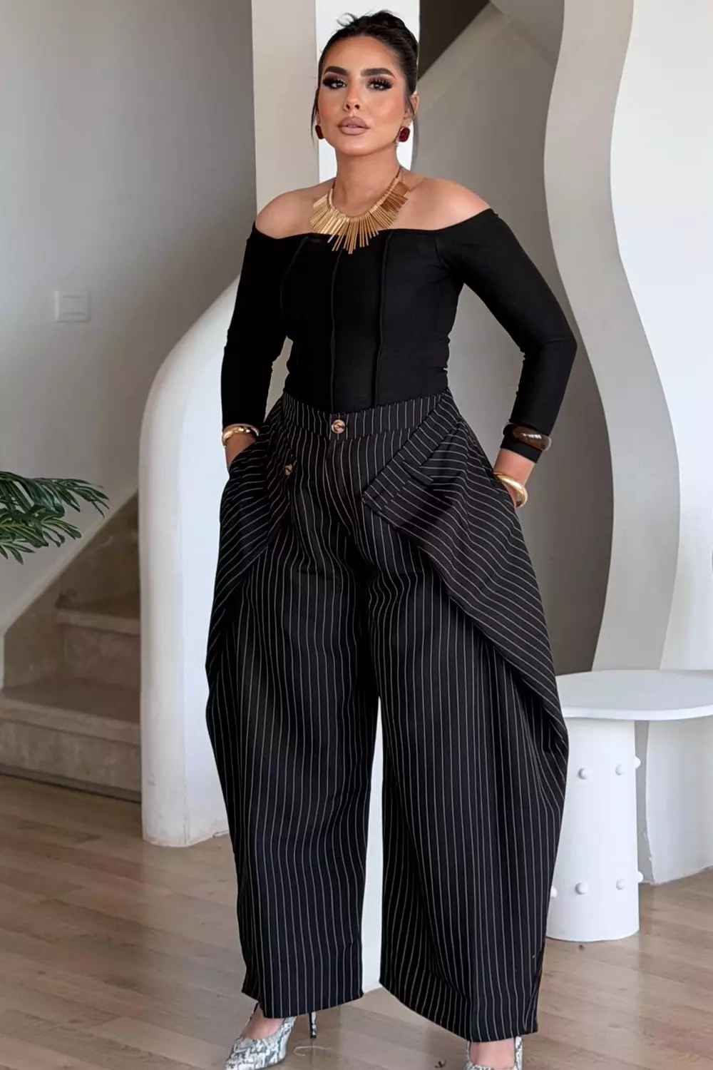 Pinstripe Extra Wide-Leg Trousers with Draped Front 6