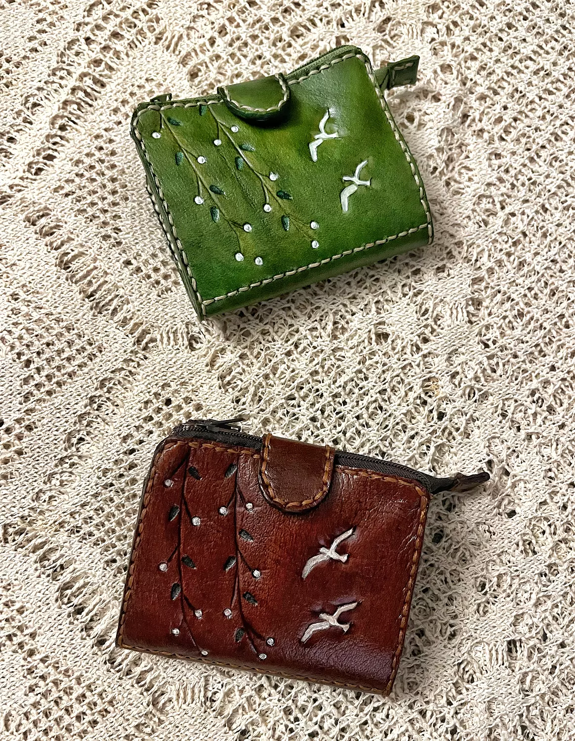 Birds & branches tooled leather wallet -flap closure 13