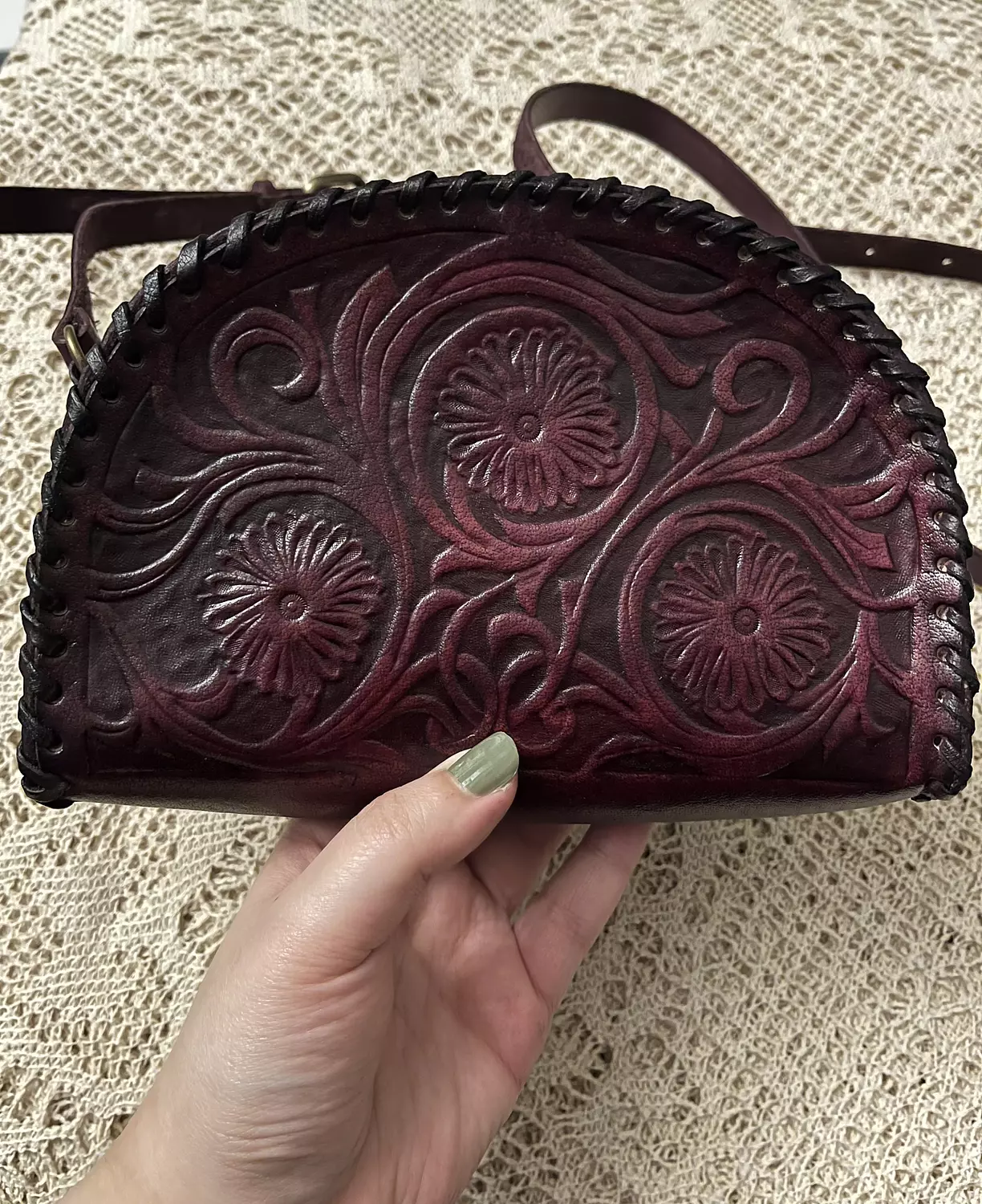 Floral Taco tooled leather bag zipped 4