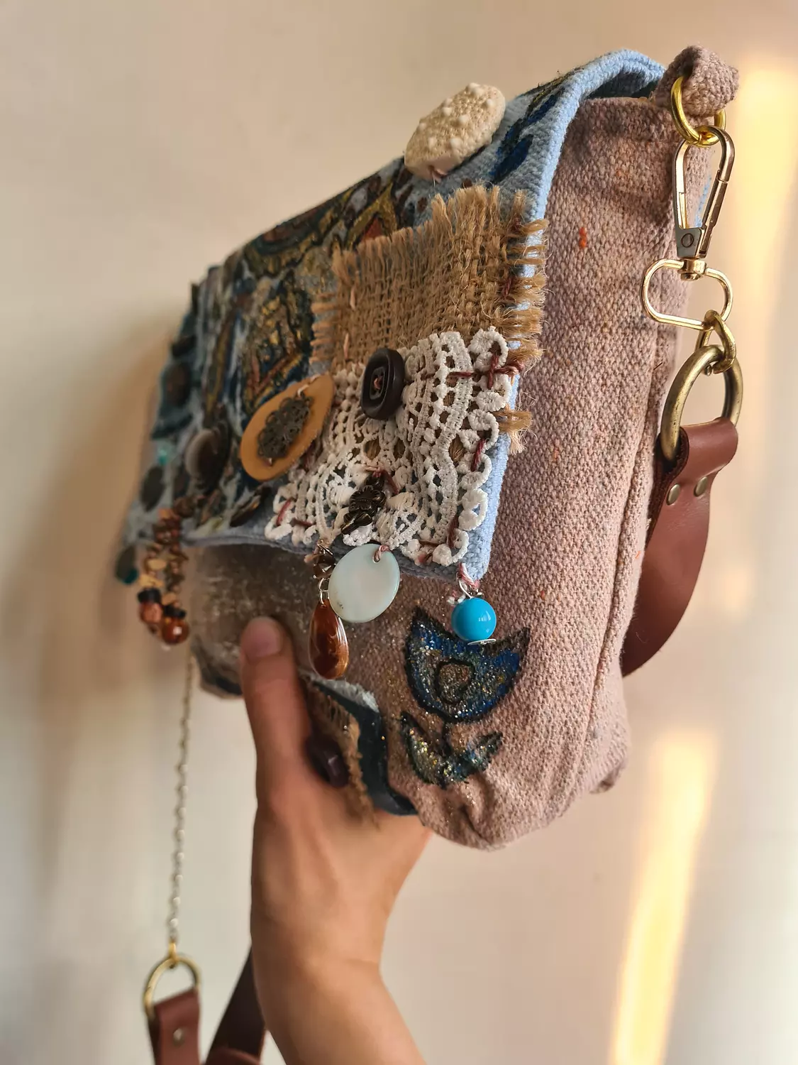 Mixed media fabric bag with genuine leather long strap 5