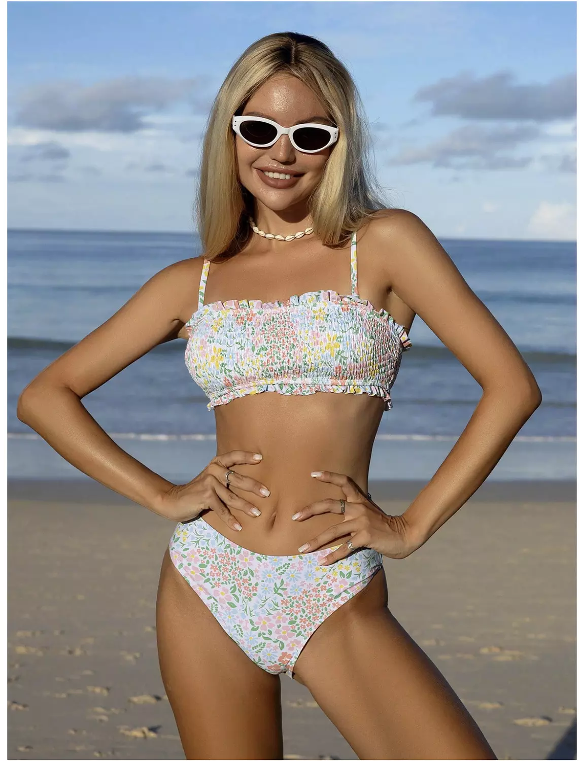 Swim Mod New Fashion Women's Random Pattern Lace-Trim High Waist Spaghetti Strap Bikini Set, Sexy And Stylish Vacation Beachwear image