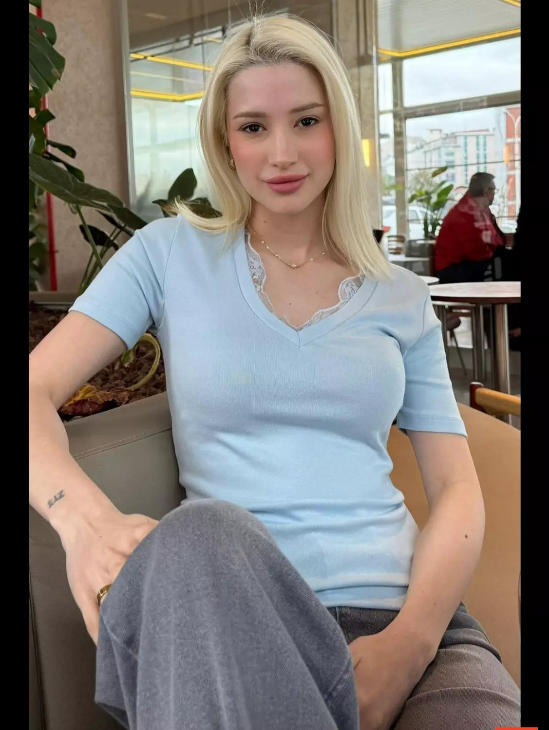 Baby blue V lace top hover image