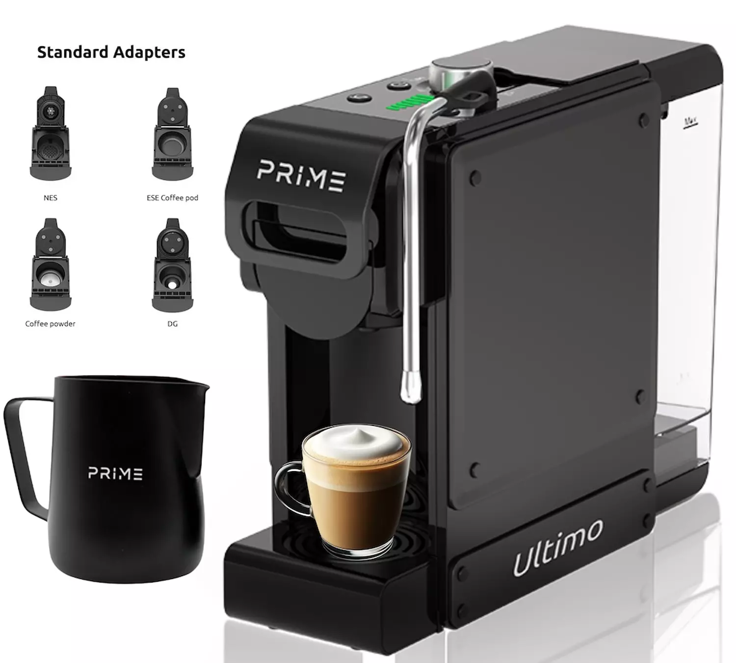 (Display units open carton )PRIME 7 in 1 Multifunction Espresso Coffee Machine -Milk Foam Nozzle for Milky Coffee drinks, Coffee Machine with 1 L Water Tank, 4 Optional Adaptors, 350 ml milk pitcher included, All types of capsules & Ground espresso , Cold Brew Feature, all in One Coffee Machine 3