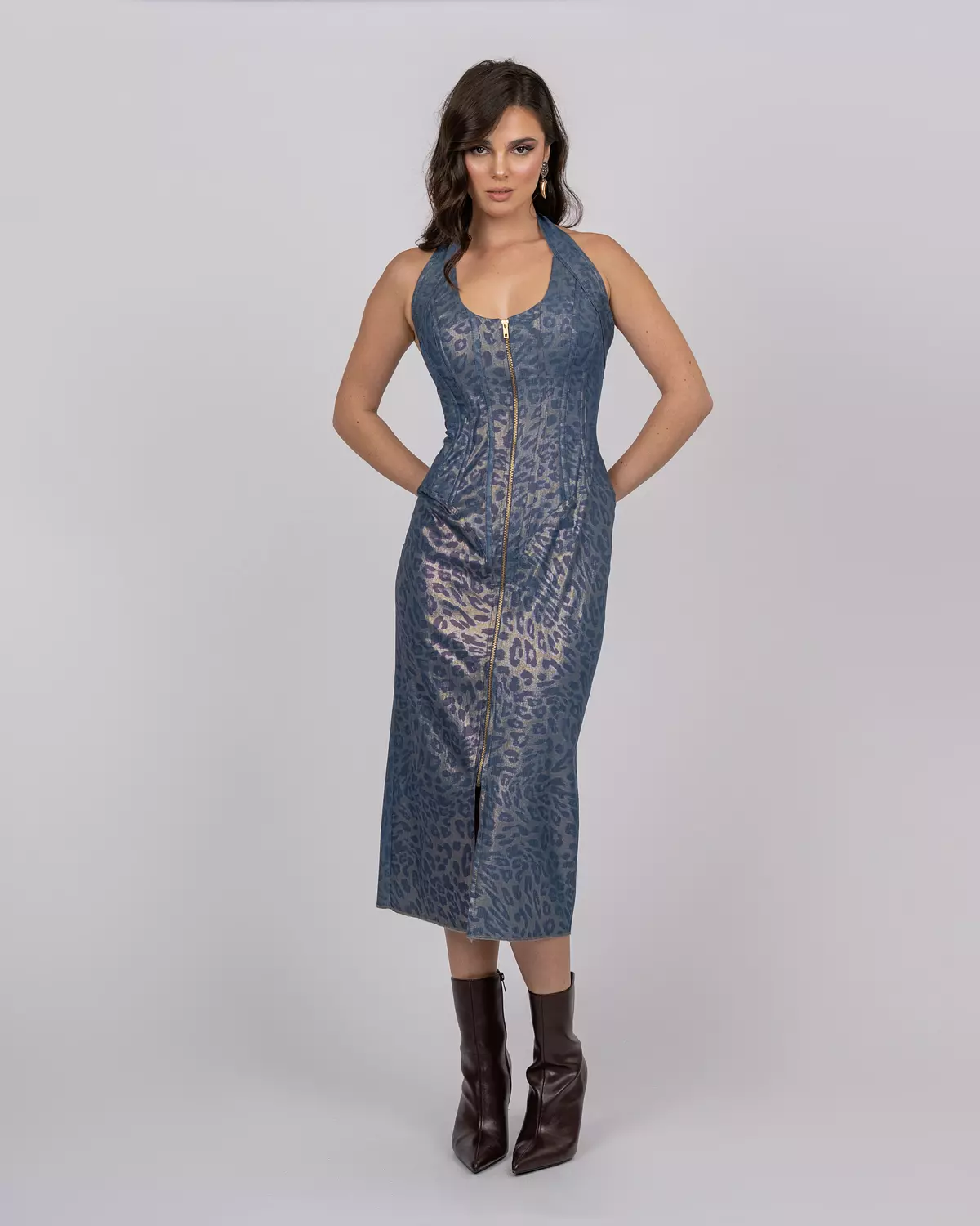 Cotton Denim-Effect Midi Dress with Camouflage Leopard Shimmer 3