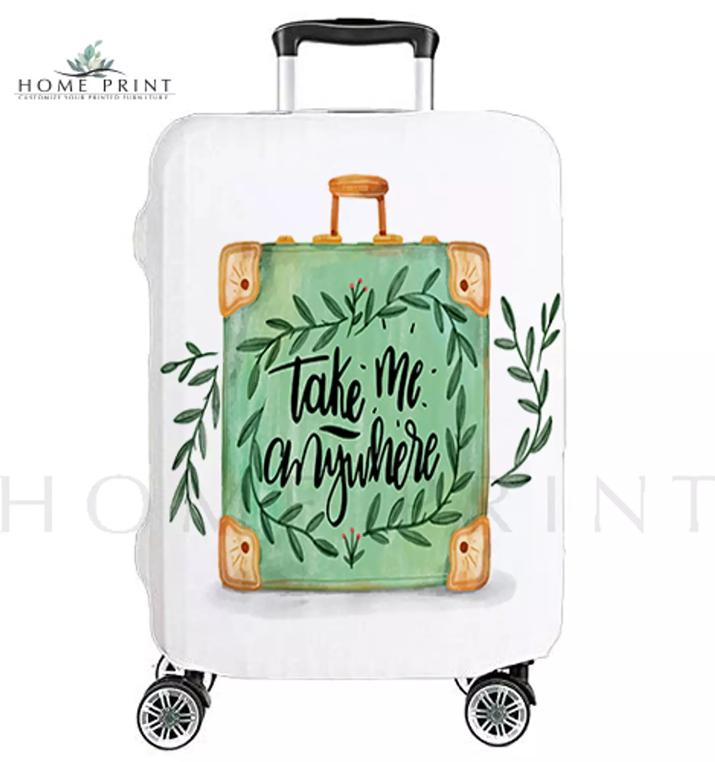 Suitcase Lycra Cover - White and Green Design - Tree Leaves  image