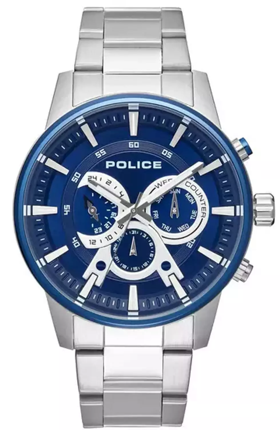 Police Men Watch PL15523JSTBL/03M Stainless Steel Case & Bracelet, IP Blue Bezel/ Blue Chronograph Dial