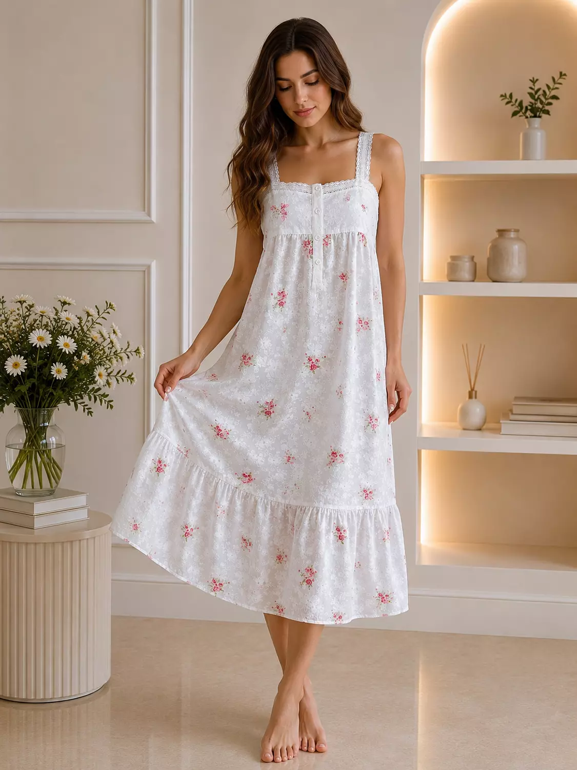 Pink Daisy Embroidered Cotton Dress 1
