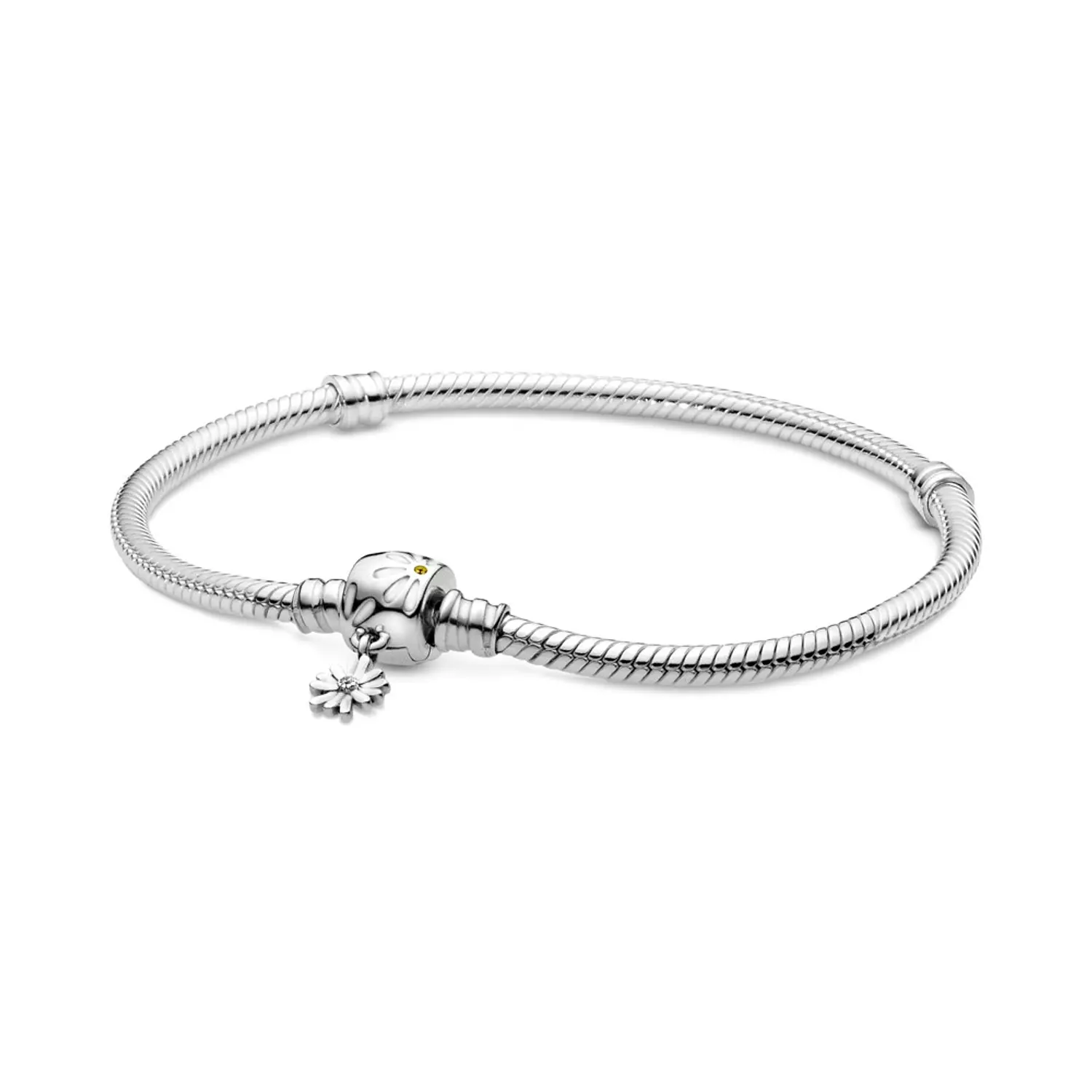 Snake chain sterling silver bracelet and daisy clasp with yellow crystal, clear cubic zirconia and white enamel image