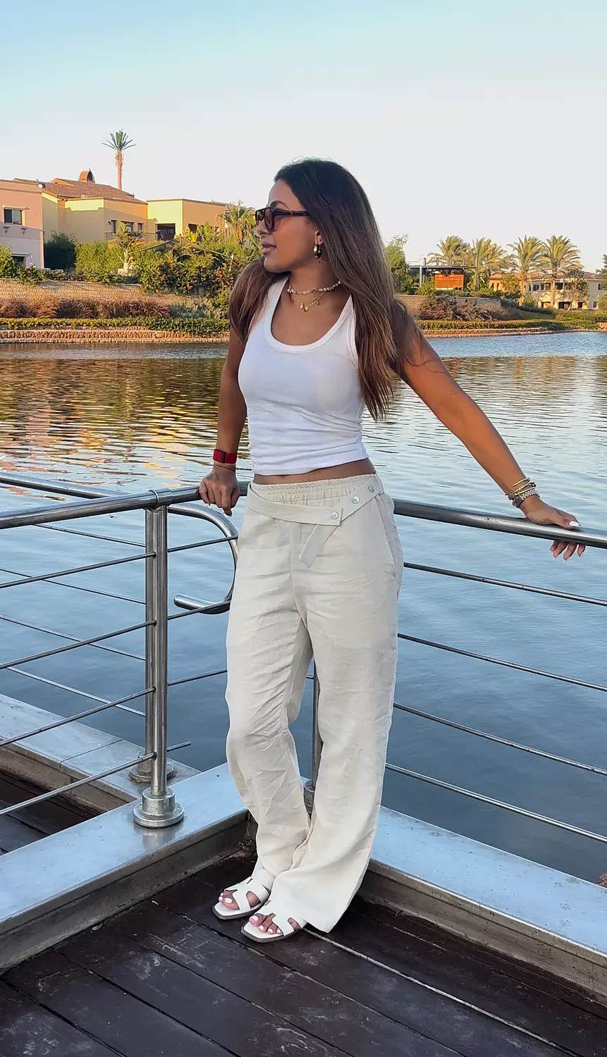 Beige Belted Linen Pants 4