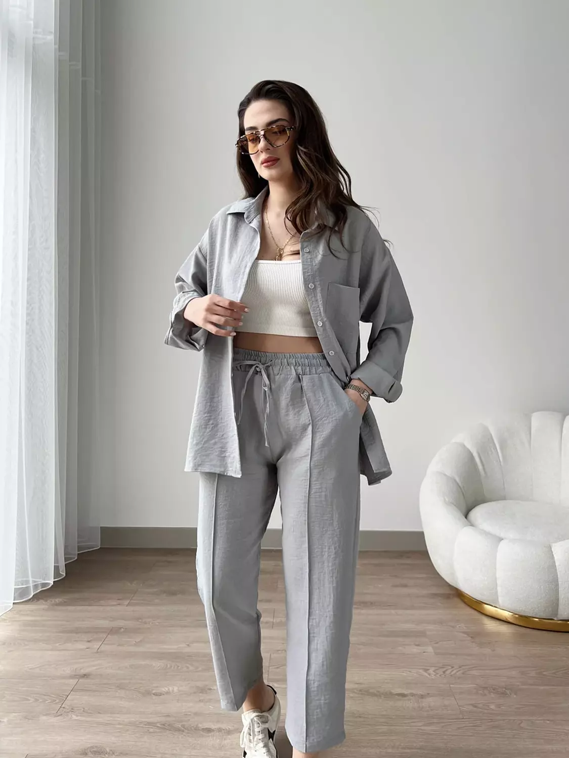Short Leg Relax Fit Shirt Trouser Set - gray 4