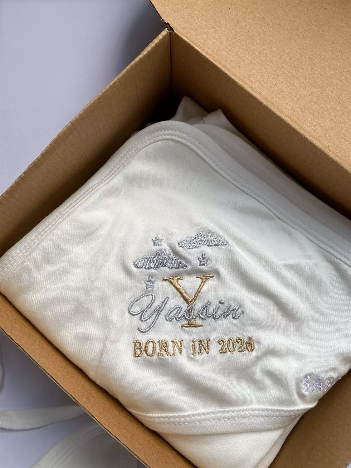 Gold With Silver Letter +Name + Date with Clouds and Stars  Embroidery Design  2