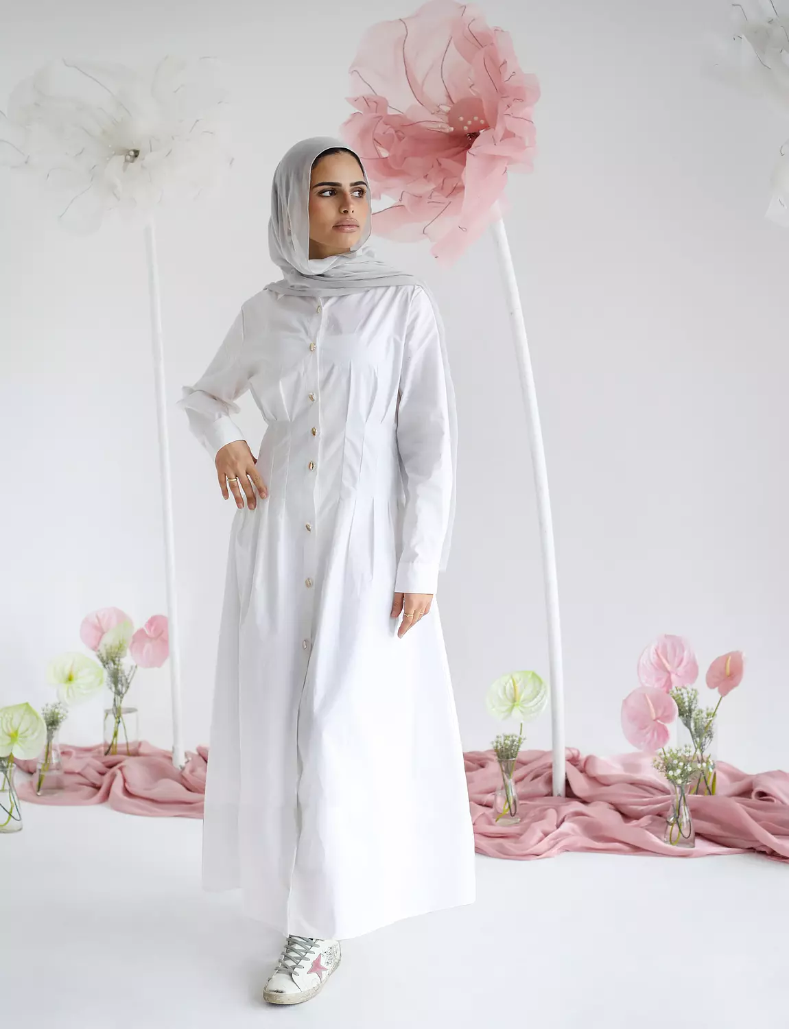 Fitted Poplin Dress in White image