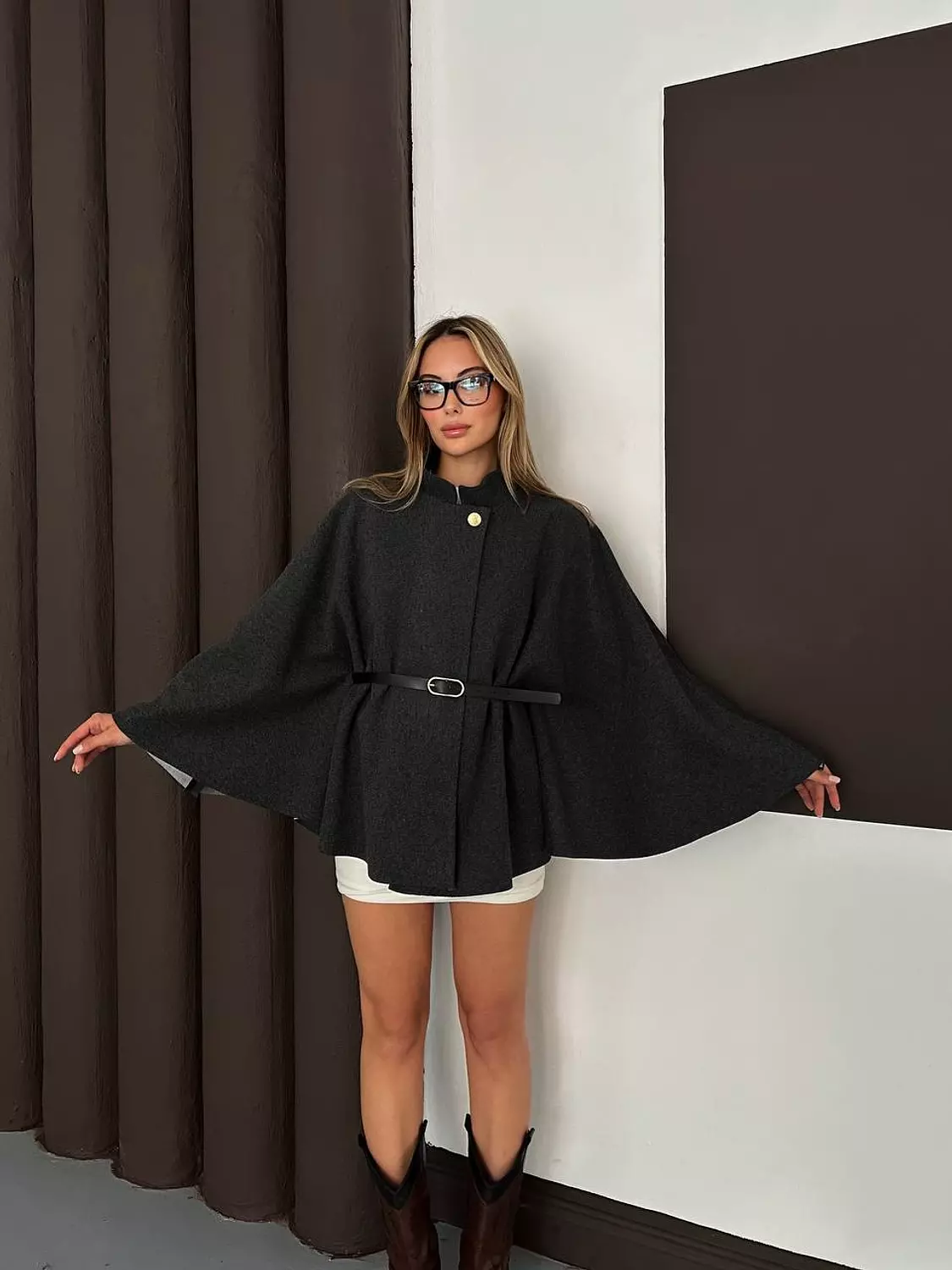 Dark Gray Poncho With Gold Button and Black Belt 7