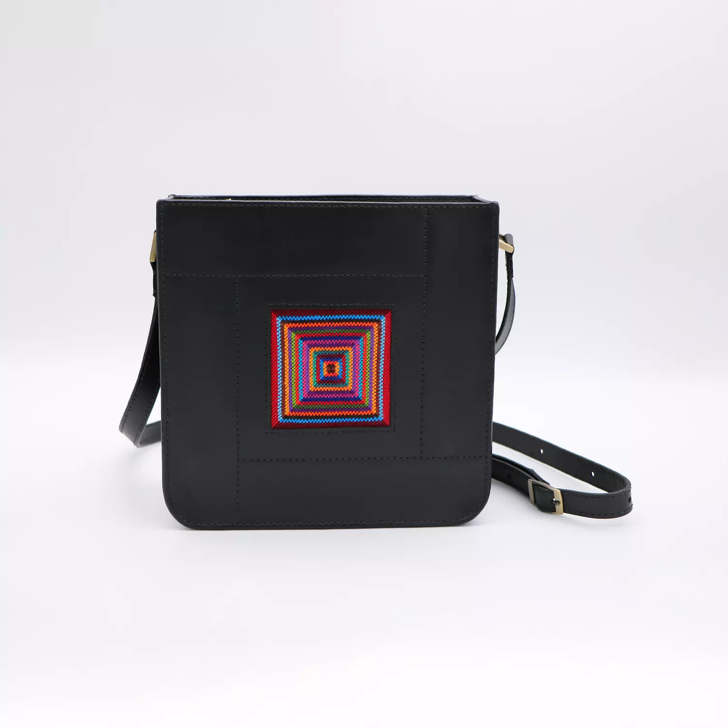 Black genuine leather bag with colorful cross stitching image