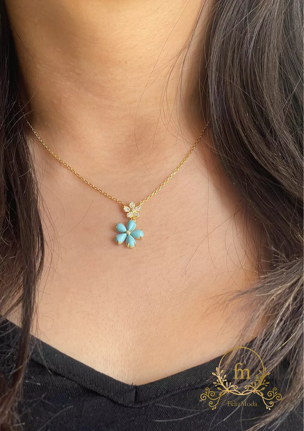 Two flowers Fayrouz and stones silver necklace Gold plated  image