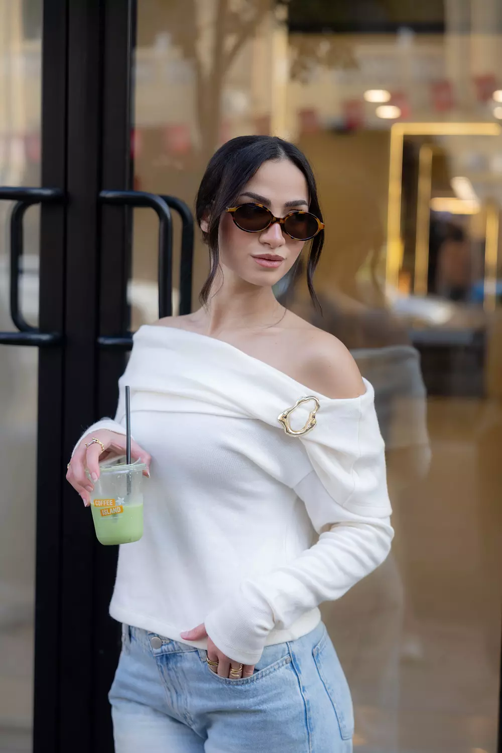 Metal Buckle Off Shoulder White Top image