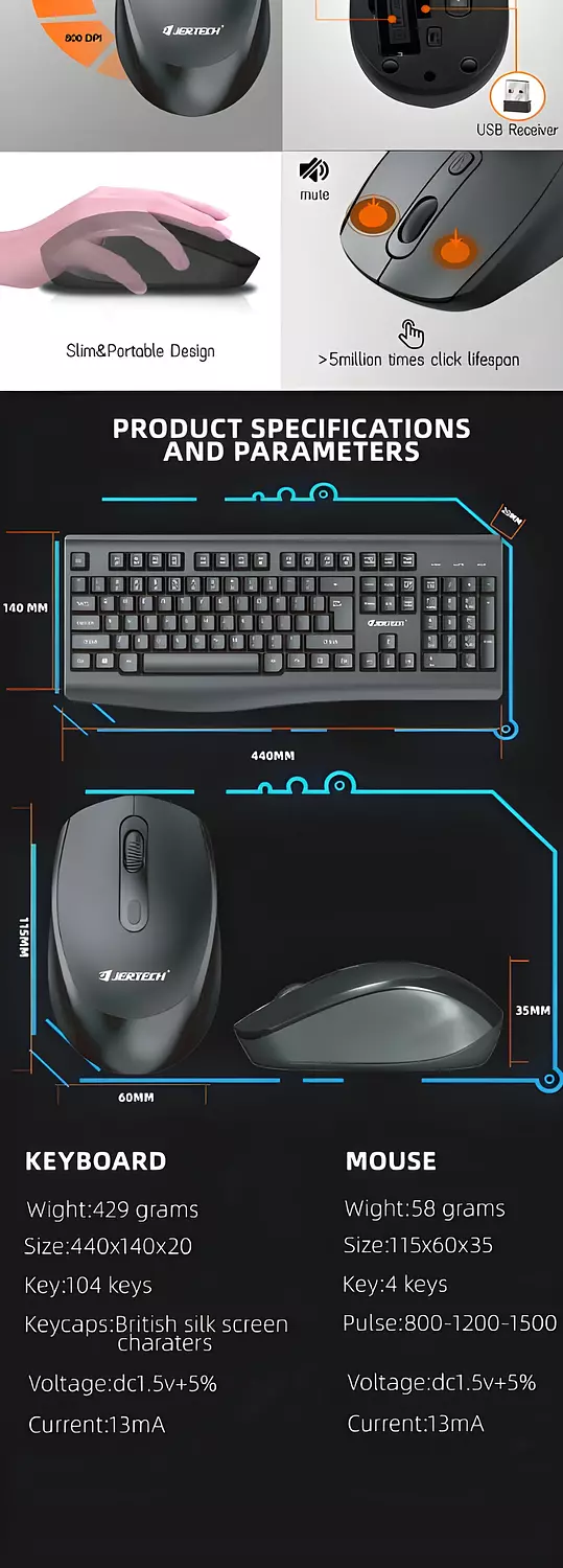 JERTECH- KM500-Waterproof Full-Size Keyboard & Mouse - Black, Made in China 5