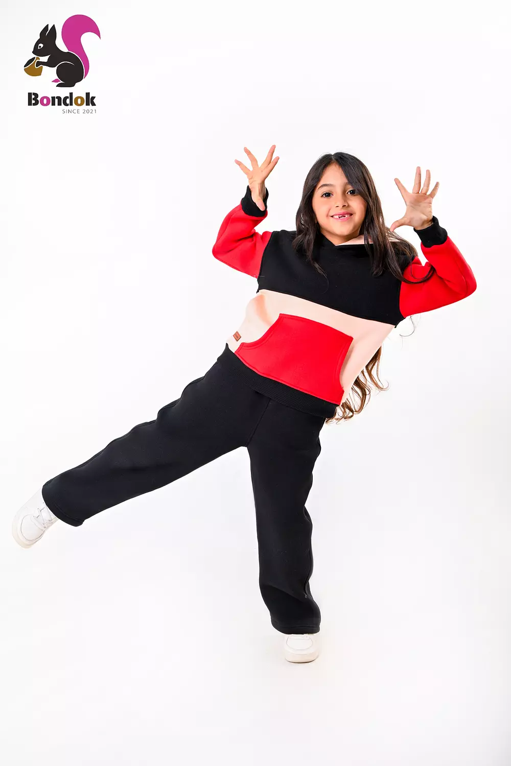 BONDOK Kids Color-Block Hoodie Tracksuit Set – Warm meltone Top & Jogger Pants, Kangaroo Pocket, Soft Lining, Girls Winter Outfit (Ages 3–14) 2