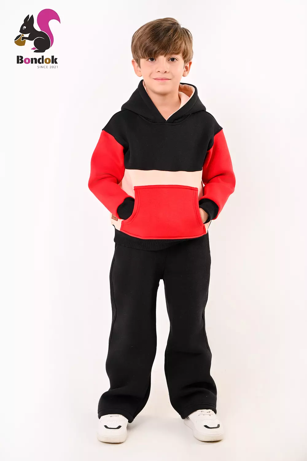 Kids Color-Block Hoodie Tracksuit Set – Warm meltone Top & Jogger Pants, Kangaroo Pocket, Soft Lining, Boys Winter Outfit (Ages 3–14) 3