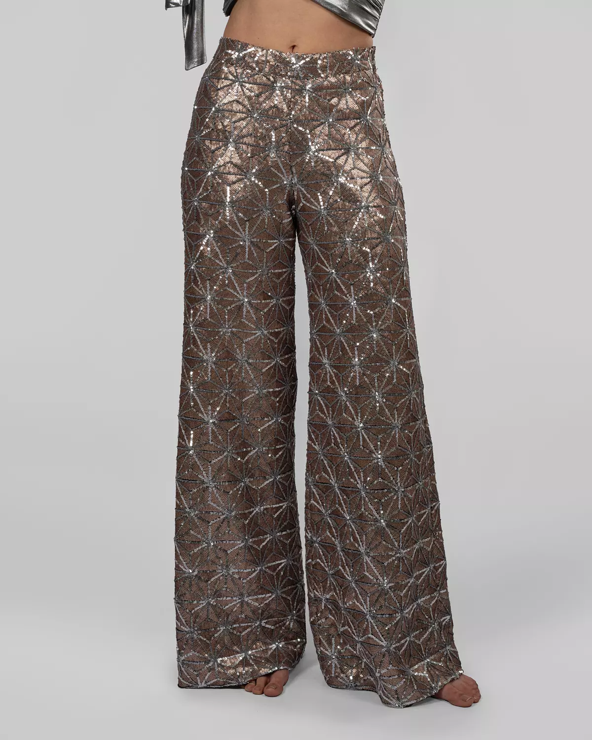 Bronze Geometric Sequin Wide-Leg Pants image