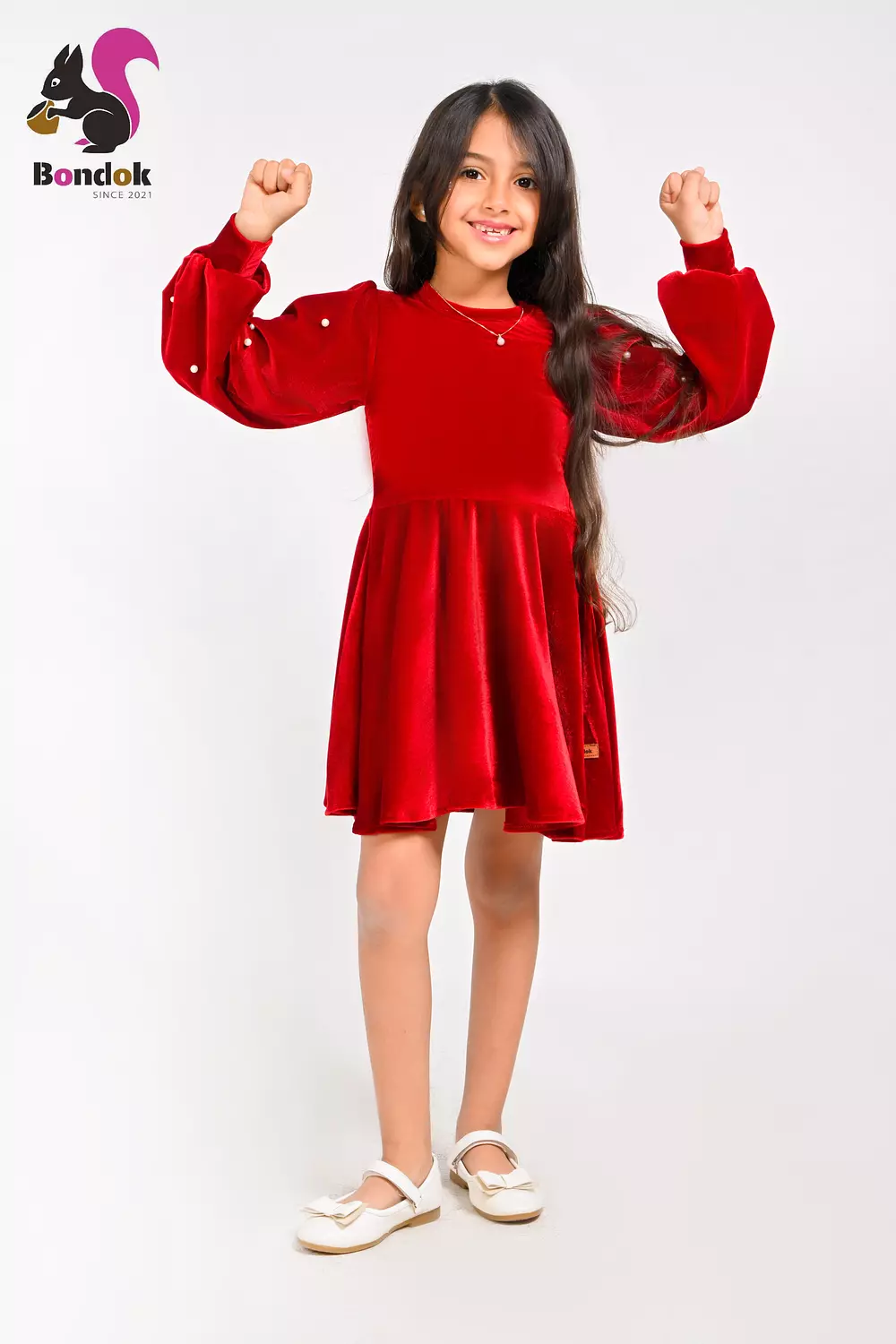 Loly Girls Velvet Dress with Pearl Details, (Red, Navy Blue, Emerald Green, Deep Fuchsia and Black) 5