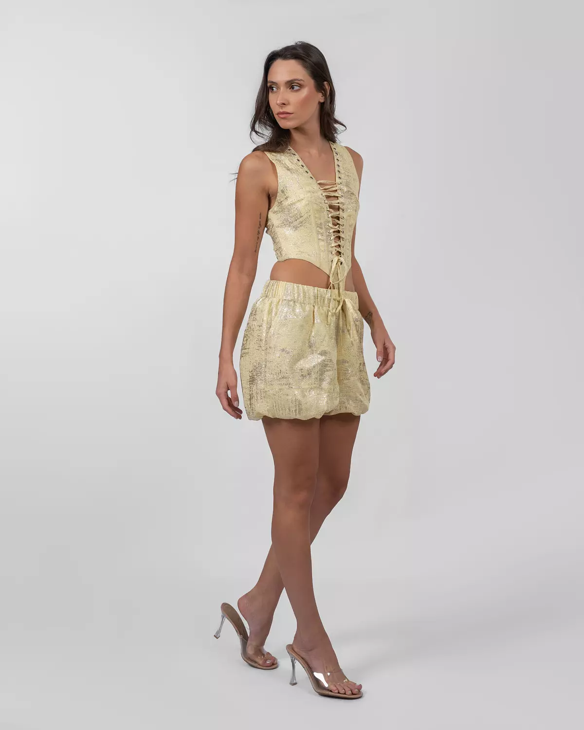 Shimmery Yellow Cut-Out Romper hover image