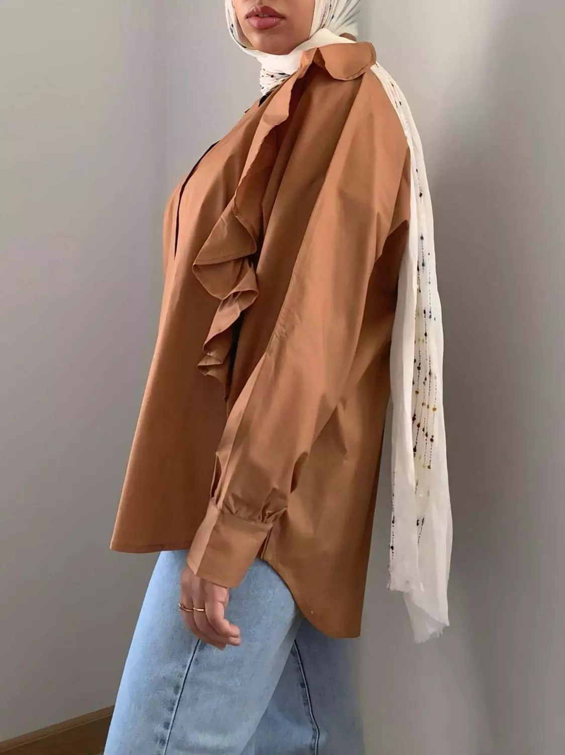RUFFLES SHIRT IN CAMEL hover image