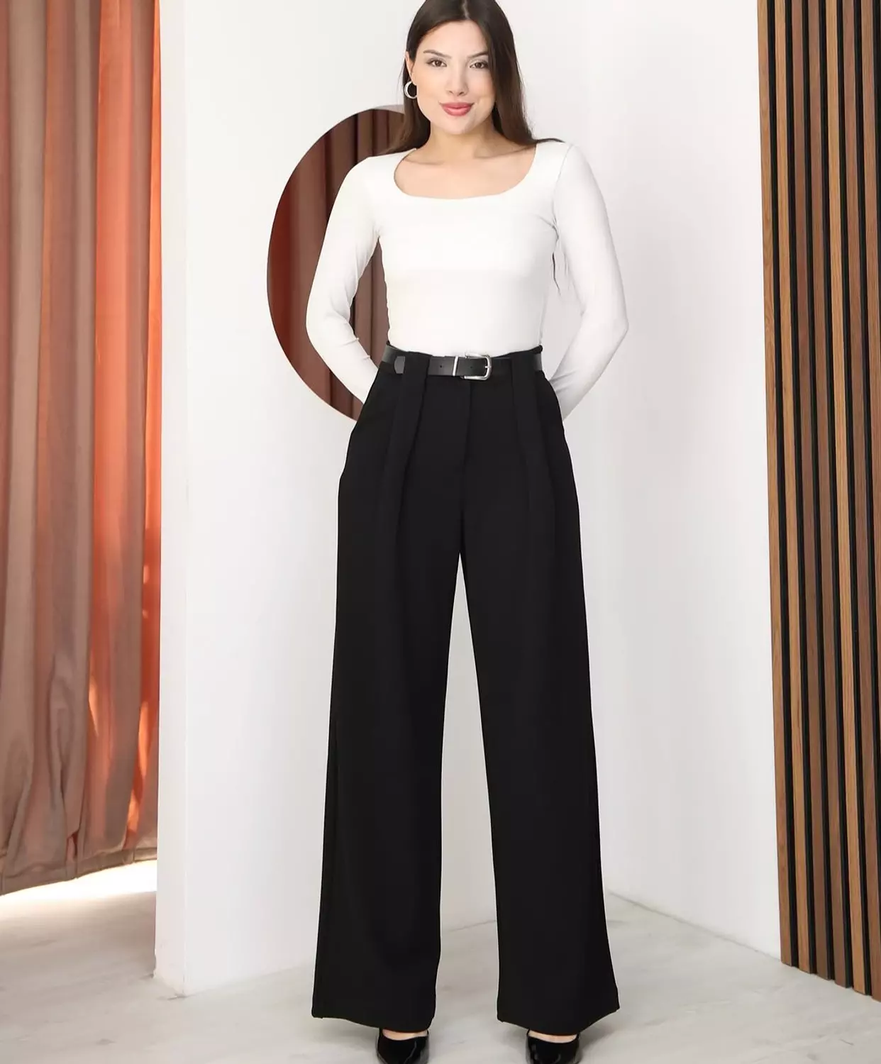 Black formal pants with belt hover image