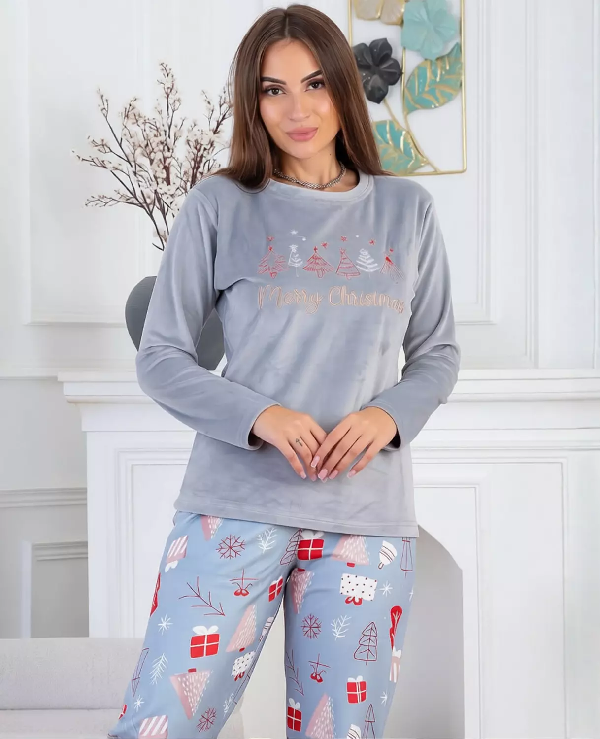 Grey Velvet "Christmas" Pajama Set 2