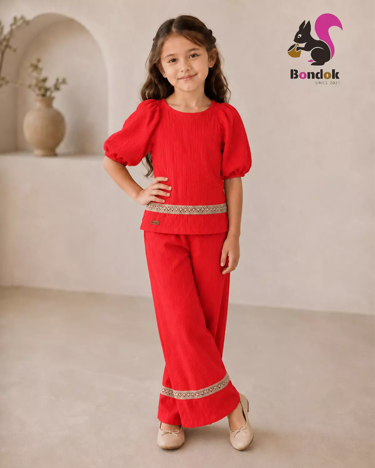 Wonder trim Set Girls' Puff Sleeve Top and Wide-Leg Trouser Set 8