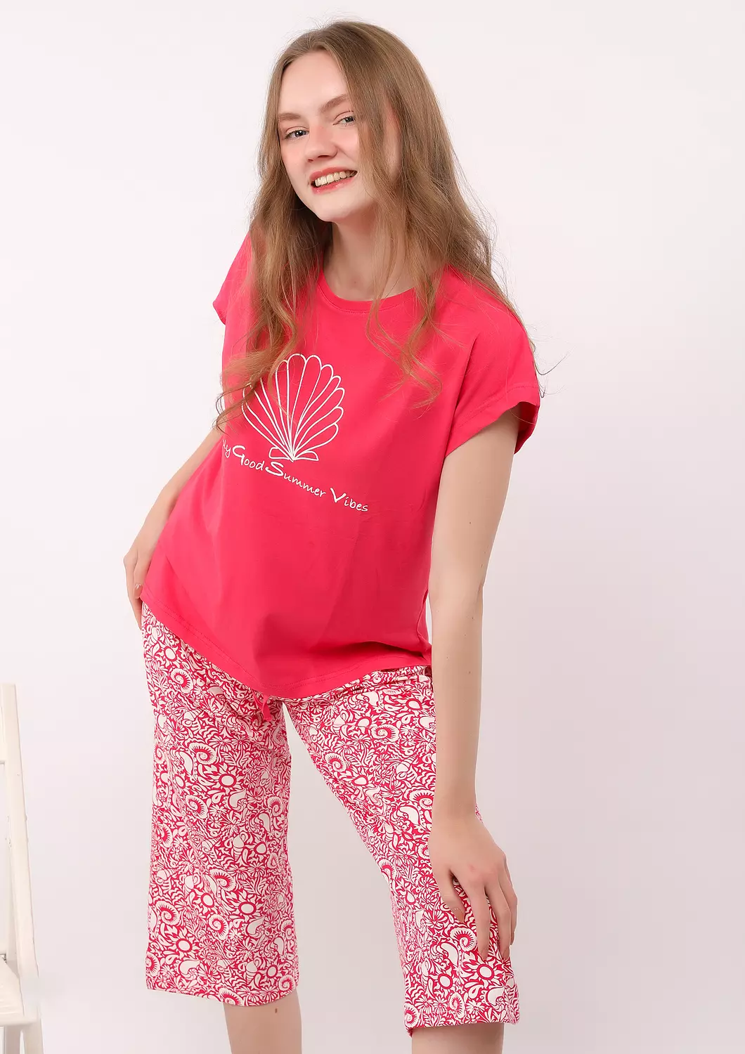 S301 Coastal Breeze Seashell Capri Pants Pajama Set 1