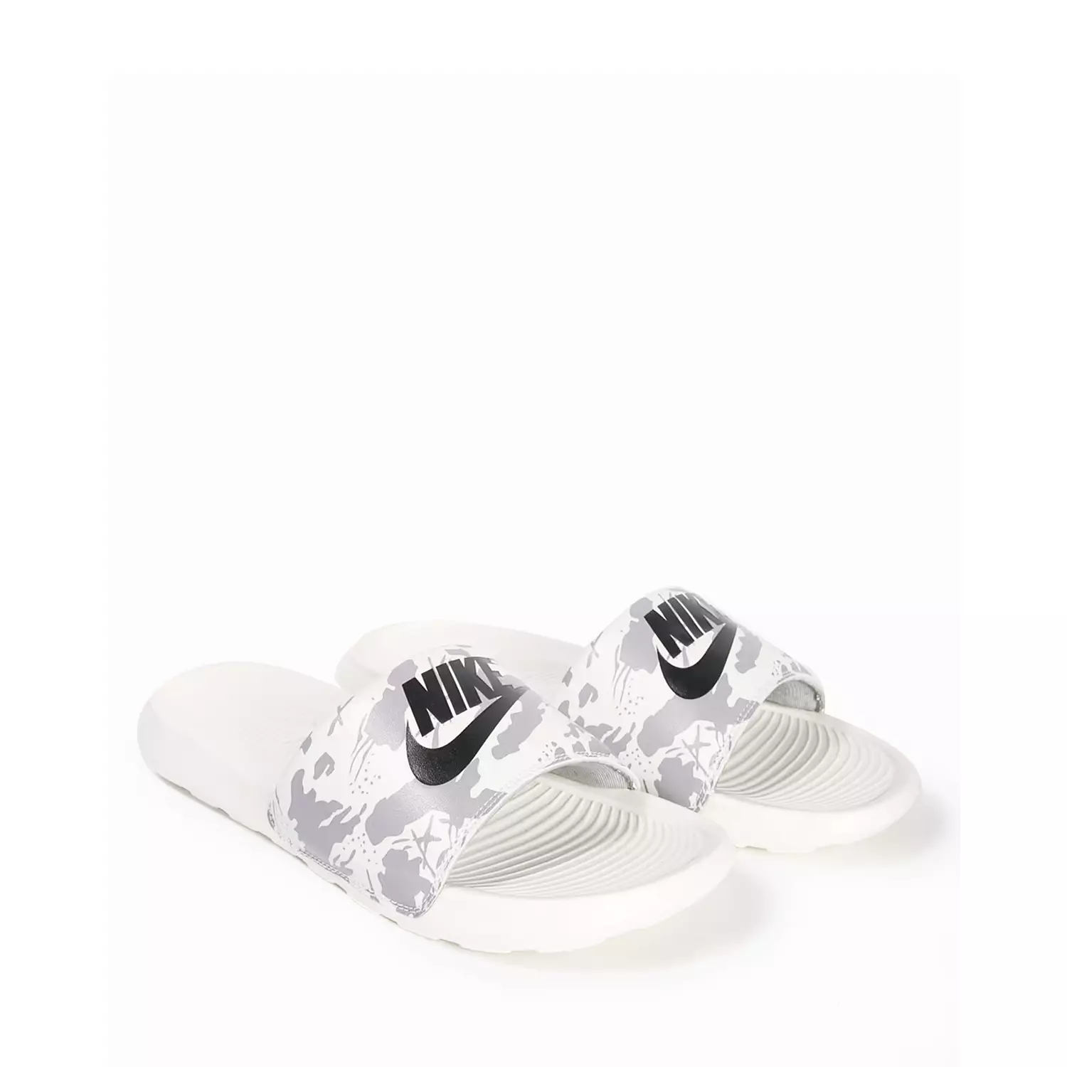 Nike Victori One Men's slides in white with a camouflage-style print and black logo 2