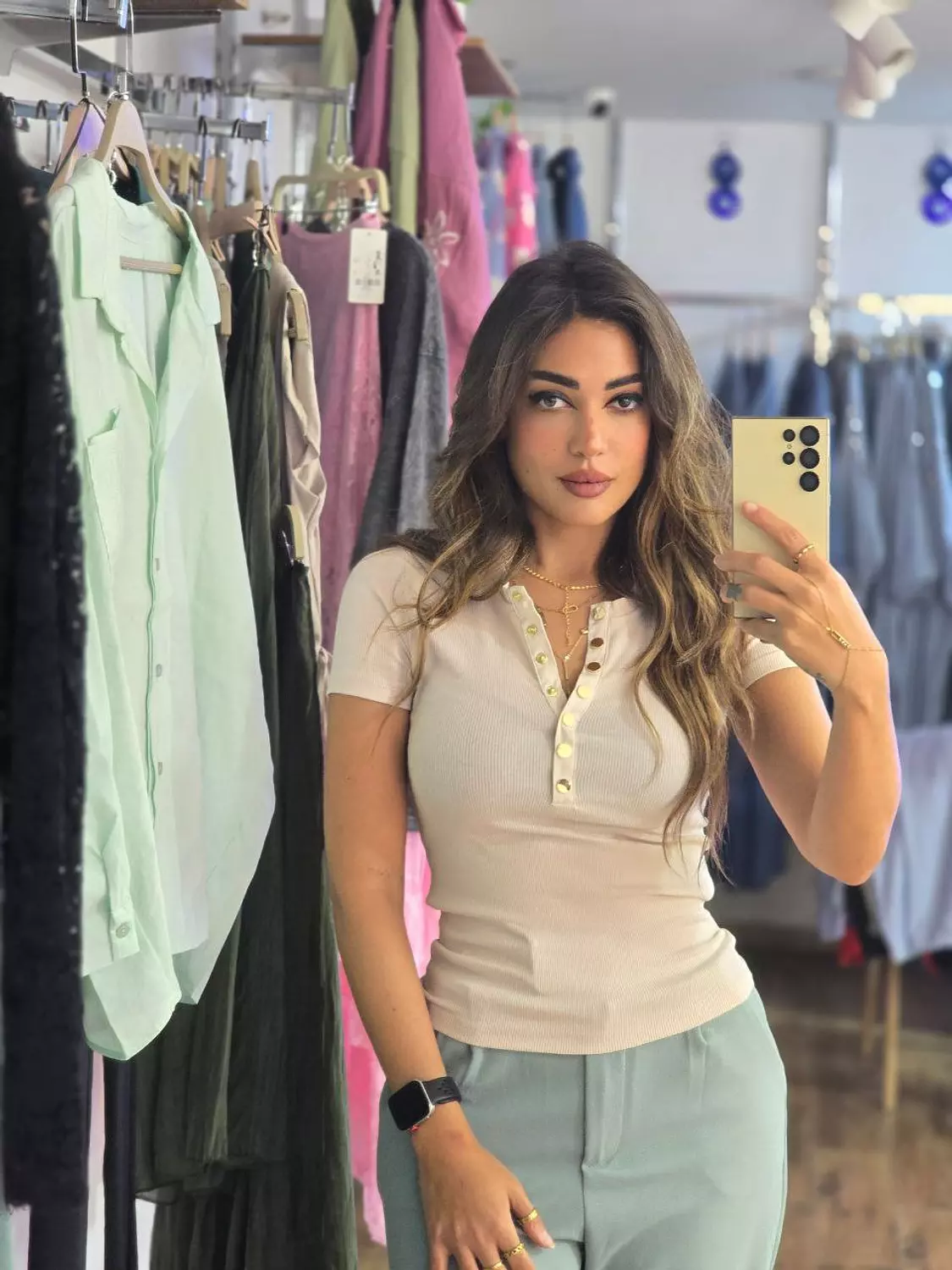 Beige basic Karol top with gold buttons  hover image