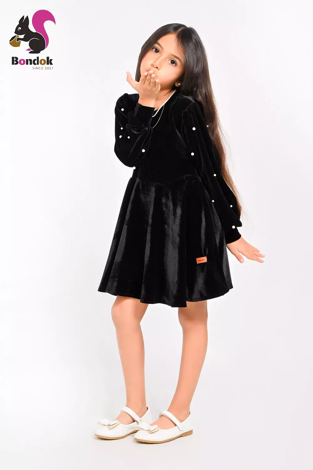 Loly Girls Velvet Dress with Pearl Details, (Red, Navy Blue, Emerald Green, Deep Fuchsia and Black) 2